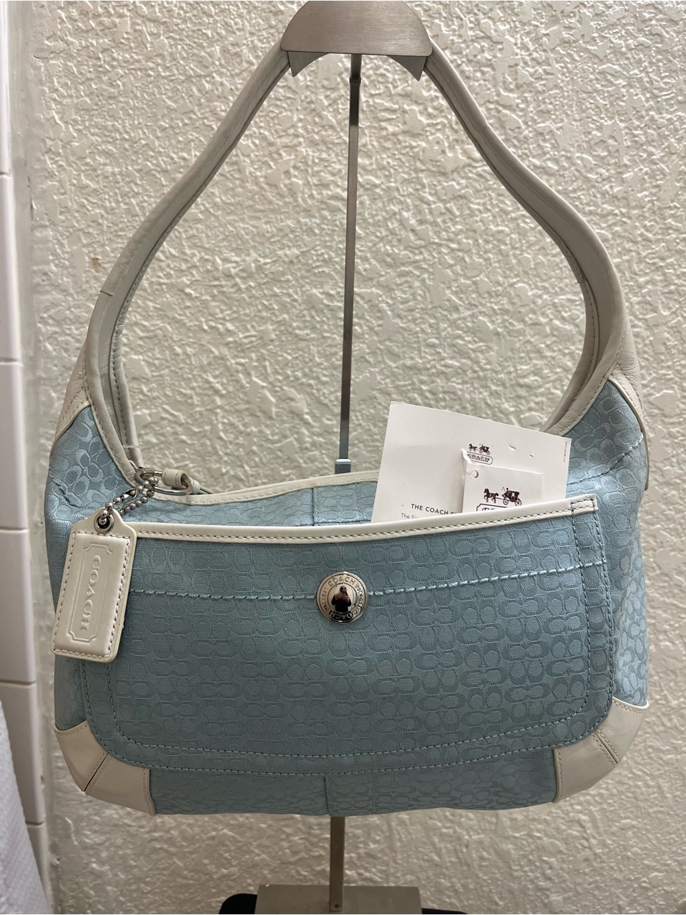 Coach Light Blue Jacquard Hobo with White Trim